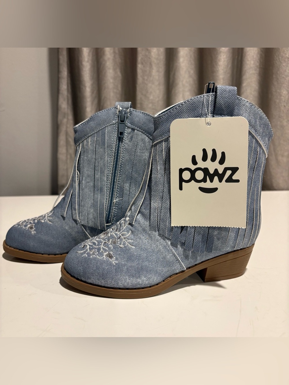 PAWZ Light Denim Fringe Western Ankle Boots - Light Blue